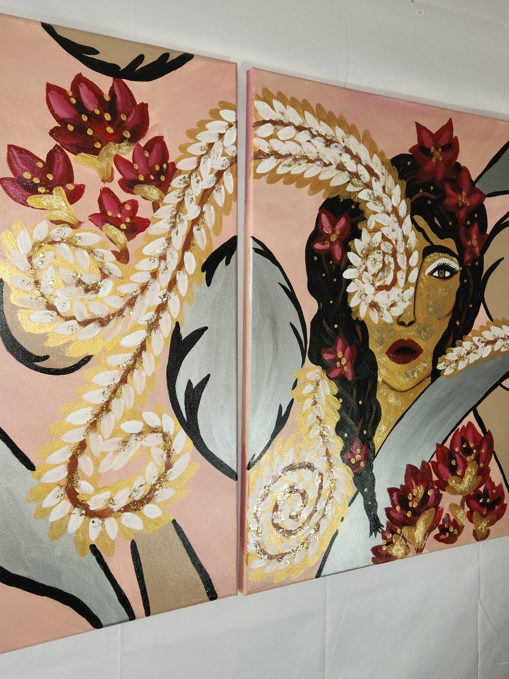 Pink & Gold Floral Portrait Painting